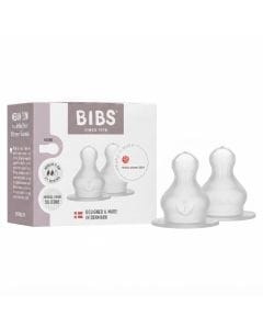 BIBS Medium-Flow Silicone Baby Bottle Nipples 2+ Months 2 Pack, Ultra Soft Comfort, Anti Slip Texture, Anti-Colic Design - Clear