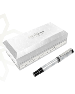 His Highness Mother of Pearl Pen, Luxury Silver Plated Brass Writing Pen, Etched Graphic Design, Wooden Leather-Finished Gift Box
