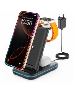 GEEKERA 3-in-1 Wireless Charging Station, Foldable Fast Charging Stand for iPhone 16, 15, 14, 13 and 12 Series, Apple Watch and AirPods