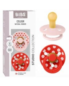 BIBS Polka Studio Colour Latex Round Pacifier Size 1 0+ Months 2 Pack, Ergonomic Shield Design, BPA-Free And Safe Materials - Blossom/Candy Apple