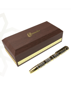 His Highness Granada Pen, Luxury Gold & Silver Plated Brass Writing Pen, Etched Graphic Design, Wooden Leather-Finished Gift Box