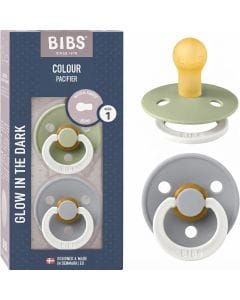 BIBS Latex Round Pacifier 0-6 Months Size 1 2 Pack, Vents For Air Circulation, Round Nipple Shape, Lightweight And Timeless Design - Sage Glow/Cloud Glow