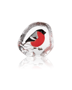 Maleras Bullfinch Crystal Sculpture, Handcrafted Swedish Cast Crystal Figurine, Hand-Painted Bird Design, Signed by Mats Jonasson