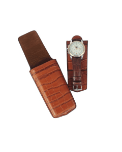 Luxury Signature Leather Single Travel Watch Case, Real Croco Pattern Leather, Brown Finish, Velvet Lining, 49/60x150x3mm