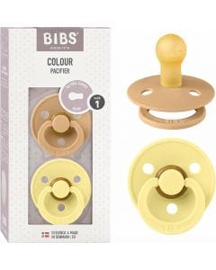 BIBS Latex Round Pacifier 0-6 Months Size 1 2 Pack, Vents For Air Circulation, Round Nipple Shape, Lightweight And Timeless Design - Desert Sand/Sunshine