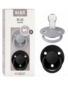BIBS De Lux Pacifiers Size 1 0-3 Years 2 Pack, Soothing Silicone Nipple, Anatomical Shape, Lightweight And Breathable Design - Cloud/Black
