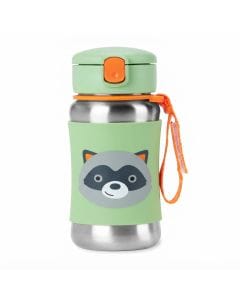 Skip Hop Zoo Racoon Stainless Steel Straw Bottle 12+ Months 350ml, No-slip Silicone Sleeve, Flexible Straw Flips Down To Stay Clean - Multicolour