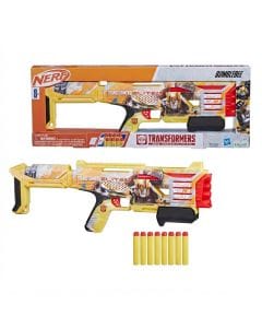 Nerf Transformers Bumblebee Dart Blaster with 8 Elite Foam Darts, 4-Barrel Pump Action Toy