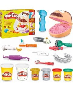 Play-Doh Drill 'n Fill Dentist Toy Set with Spinning Drill, 10 Dental Tools & 8 Cans of Metallic  3 Years and Up, Non-toxic modeling compound