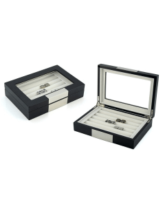 Luxury Signature 20 Pairs Wood Cufflink Box, MDF with Oak Veneer, Black Matte Finish, Ivory Velvet Lining