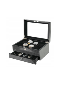 Luxury Signature 8 Slots Watch Box with Drawer, Carbon Fiber Finish, High Gloss Design, Black Velvet Lining, 290x200x135mm