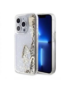 CG Mobile Guess Liquid Glitter Case with Charms for iPhone 15 Pro, Gold, Shockproof Silicone Protective Cover