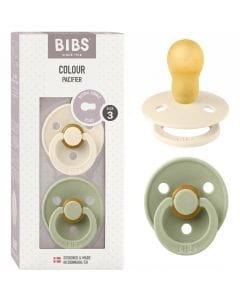 BIBS Latex Size 3 Colour Round Pacifier 18+ Months 2 Pack, Customized Comfort, Skin-Like Softness, Flexible And Durable - Ivory/Sage