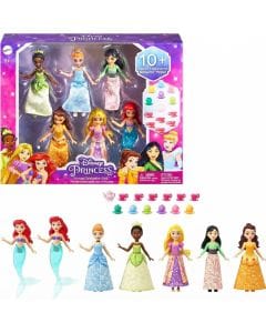 Mattel Disney Princess Tea Party Collection, 6 Posable Small Dolls with Sparkling Outfits & 13 Accessories