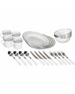 Stansport 24-Piece Enamel Camping Tableware Set, Durable Steel Dinnerware with Plates, Bowls and Mugs