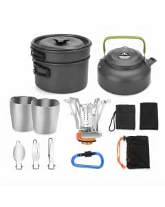 SKADE 12-Piece Camping Cookware Mess Kit with Stove, Lightweight Pot, Pan, Kettle and Utensils for Backpacking