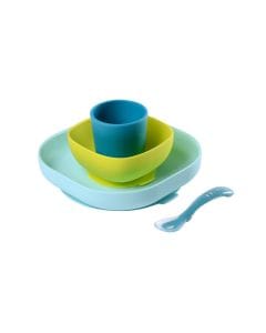 Beaba Silicone Suction Meal Set 4+ Months 4 Pieces, Suction Pad For Stability, Ergonomic Design For Easy Scooping, Easy To Clean - Blue
