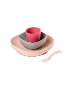 Beaba Silicone Suction Meal Set 4+ Months 4 Pieces, Suction Pad For Stability, Ergonomic Design For Easy Scooping, Easy To Clean - Pink