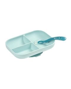 Beaba Silicone Suction Divided Meal Set With 2nd Stage Silicone Spoon, Dishwasher And Microwave Safe - Blue