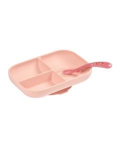 Beaba Silicone Suction Divided Meal Set With 2nd Stage Silicone Spoon, Dishwasher And Microwave Safe - Pink
