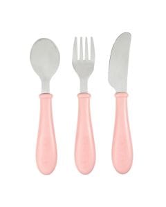 Beaba Stainless Steel Training Cutlery Set, Easy Grip, Dishwasher Safe, Ingenious Handle Shape - Old Pink