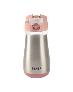 Beaba Stainless Steel Water Bottle With Handle 350ml, Leak Proof Lid & Easy Spout, Safe & Stylish Design - Old Pink