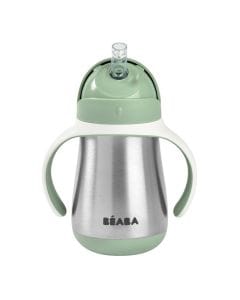 Beaba Stainless Steel Straw Cup, BPA-Free, Capacity 250ml, 100% Leak Proof, Ergonomic Shape - Sage Green