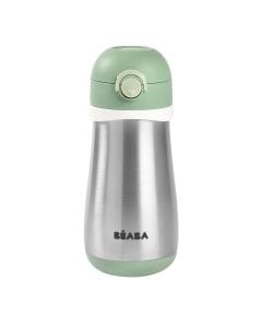Beaba Stainless Steel Water Bottle With Handle 350ml, Leak Proof Lid & Easy Spout, Safe & Stylish Design - Sage Green