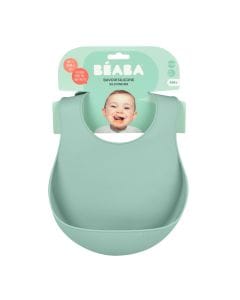 Beaba Silicone Bib 4+ Months, Soft And Lightweight Silicone, Curved Shape, Adjustable Neck Closure, Food Catching Pocket, BPA-Free, Easy To Clean - Sage Green
