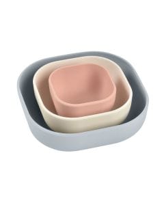 Beaba Silicone Nesting Bowl Set 3 Pieces, Lightweight And Comfortable Design, Ergonomic Shapes, Evolving Range - Velvet Gray/Cotton/Dusty Rose