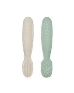 Beaba Silicone Pre-Spoons 4+ Months Set of 2, Grip Optimization, Gentle On Gums, Round Ergonomic Handle - Sage Green/Velvet Gray
