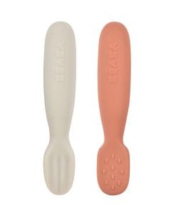 Beaba Silicone Pre-Spoons 4+ Months Set of 2, Grip Optimization, Gentle On Gums, Round Ergonomic Handle - Terracotta/Velvet Gray