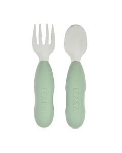 Beaba Stainless Steel Pre Cutlery Set of 2, Short Soft Silicone Handles For Easy Grip, Fork Spear Food Efficiently - Sage Green