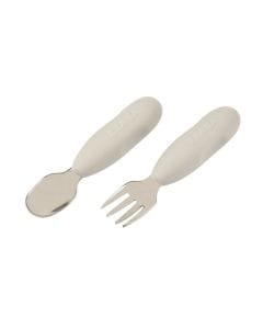Beaba Stainless Steel Pre-Cutlery Fork And Spoon Set of 2, Short Handle With Rounded Lines, Symmetrical Shape, Shallow Spoon - Velvet Gray