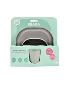 Beaba Stainless Steel Meal Set, Anti Slip And Noise Reducing, Ergonomic Design, Lightweight And Unbreakable - Sage Green