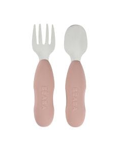 Beaba Stainless Steel Pre-Cutlery Fork And Spoon Set of 2, Short Handle With Rounded Lines, Symmetrical Shape, Shallow Spoon - Cotton Candy