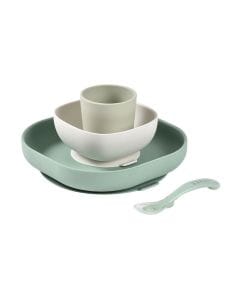 Beaba Silicone Suction Meal Set 4+ Months 4 Pieces, Suction Pad For Stability, Ergonomic Design For Easy Scooping, Easy To Clean - Sage Green&Misty Green