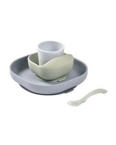 Beaba Silicone Suction Meal Set 4+ Months 4 Pieces, Suction Pad For Stability, Ergonomic Design For Easy Scooping, Easy To Clean - Pebble