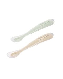 Beaba 1st Age Silicone Spoon And Case Set of 2, Ultra-Soft Silicone Tip, Ergonomic Handles - Clay/Misty Green