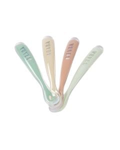 Beaba 1st Stage Silicone Spoons For Babies 4+ Months Set of 4, Ergonomic Handles, Lightweight Design, Super Soft Silicone Tip - Natural