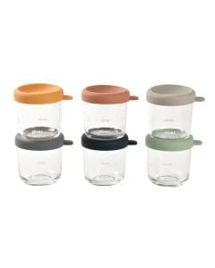 Beaba Glass Conservation Jars With Closure 250ml 6 Pieces, Heat And Cold Resistant, Easy Clip Soft Lid - Multicolour