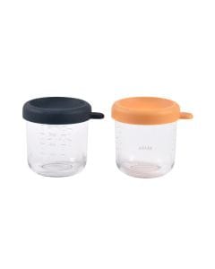 Beaba Glass Conservation Jars With Closure Set 250ml 2 Pieces, Heat And Cold Resistant, Easy Clip Soft Lid - Night Blue/Honey