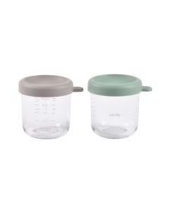 Beaba Glass Conservation Jars With Closure Set 250ml 2 Pieces, Heat And Cold Resistant, Easy Clip Soft Lid - Sage Green/Gazelle