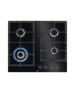 AEG 60cm Built-In Gas-on-Glass Hob, 4 Gas Burners, StepPower Heat Control, Cast Iron Pan Supports | Black - HKB64451NB