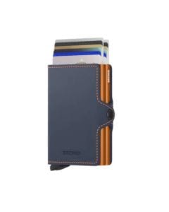 Secrid TM Wallet, Premium Leather Card Holder, RFID Protection, Quick Card Access, Slim Aluminum Wallet | Night Blue & Orange