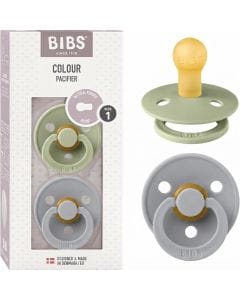 BIBS Latex Round Pacifier 0-6 Months Size 1 2 Pack, Vents For Air Circulation, Round Nipple Shape, Lightweight And Timeless Design - Sage/Cloud