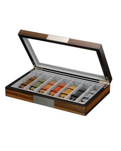 Luxury Signature Wooden Watch Strap Storage Box, 7 Slot Watch Band Organizer, Ebony Matte Finish with Grey Velvet Lining