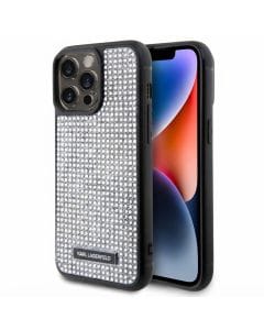 Karl Lagerfeld Rhinestone Case for iPhone 15 Pro, Beige Luxury Protective Cover with Metal Logo Plaque