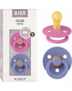 BIBS Latex Pacifier Colour Size 1 0+ Months 2 Pack, Round And Soft Nipple, Anti-Irritation Shield, Skin-Like Softness, Flexible And Durable - Bubblegum/Peri