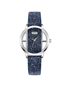 Saga Stella Wish Platinum Watch, 34.5mm 316L Stainless Steel Case, Crystal Fabric Dial, Swiss Ronda 763 Quartz Movement, Genuine Leather Strap